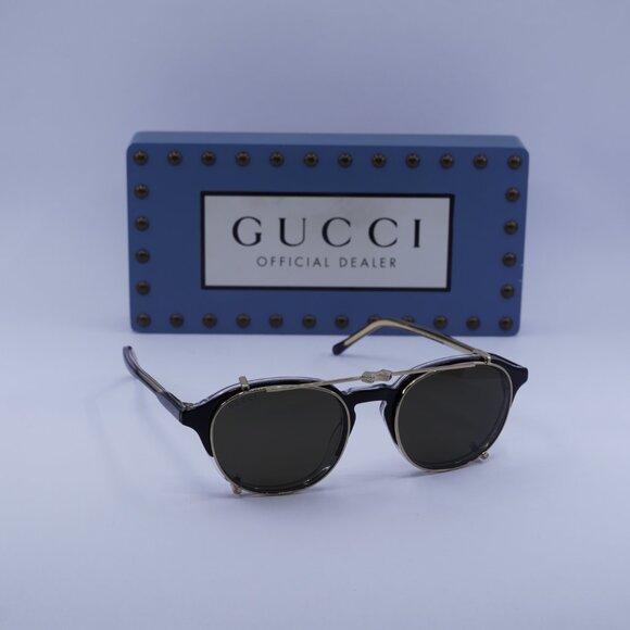 Gucci GG1212S 002 Round Sunglasses - Black/Crystal with Gold Clip-On Brown - Picture 1 of 12